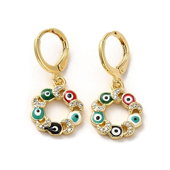 Evil Eye Real 18K Gold Plated Brass Dangle Leverback Earrings, with Enamel and Cubic Zirconia, Ring, 28.5x13.5mm