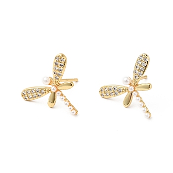 Rack Plating Brass Micro Pave Clear Cubic Zirconia Stud Earrings for Women, with Acrylic Beads, Cadmium Free & Lead Free, Dragonfly, Real 18K Gold Plated, 16x19.5mm, Pin: 0.9mm