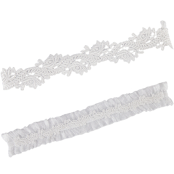 Flower Pattern Polyester Lace Elastic Bridal Garters, Wedding Garment Accessories, White, 220x35mm & 170x22.5mm, 2pcs/set