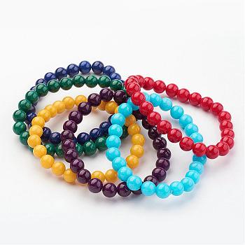 Natural Mashan Jade Beads Stretch Bracelets, Round, Mixed Color, 2-1/4 inch(58mm)