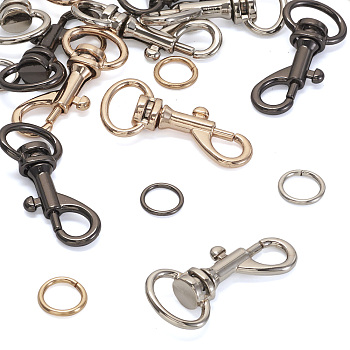 15Pcs 6 Colors Alloy Swivel Snap Hook Clasps, with 15Pcs 3 Colors Open Jump Ring, Mixed Color, Swivel Clasps: 38x17x8mm, hole: 6x12.5mm, Ring: a11x1.5mm, 5pcs/color