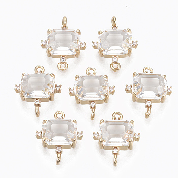 Glass Links connectors, with Brass Micro Pave Cubic Zirconia, Faceted, Cuboid, Light Gold, Clear, 17.5x14x5.5mm, Hole: 1.2mm