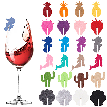 24Pcs 24 Styles Ocean Theme Felt Wine Glass Charms, Shell & Cactus & Sea Horse & Pineapple & Strawberry & Dolphin Shaped, Mixed Color, 35x35mm, 1pc/style