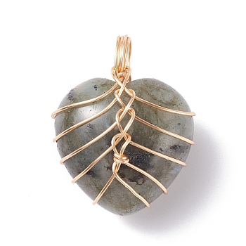 Natural Labradorite Pendants, with Light Gold Tone Copper Wire Wrapped, Heart, 26x21x16mm, Hole: 6mm