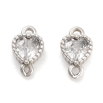 Brass Pave Clear Cubic Zirconia Connector Charms, Heart Links, Platinum, 8x5x2.5mm, Hole: 0.9mm