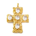 304 Stainless Steel Micro Pave Cubic Zirconia Pendants, Real 18K Gold Plated, Cross, 46x32.5x7mm, Hole: 4X3mm(STAS-Z096-01G-01)