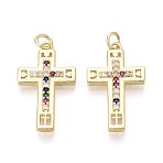 Religion Brass Micro Pave Cubic Zirconia Pendants, Cross Charms, Real 16K Gold Plated, 26x15.5x3mm, Hole: 3mm, Jump Ring: 5x0.8mm, 3mm inner diameter(KK-T080-50G)