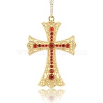 Golden Plated Alloy Cross Big Pendants, with Rhinestone, Light Siam, 72x49x5mm, Hole: 2mm(ALRI-J026-21G)