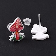 Acrylic Cartoon Mushroom Stud Earrings with Platic Pins for Women, Crimson, 14x10.5mm, Pin: 1mm(EJEW-F293-03E)