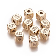 Brass Micro Pave Cubic Zirconia Beads, Horizontal Hole, Real 18K Gold Plated, Long-Lasting Plated, Cube with Letter, Clear, Letter.S, 9x9x9mm, Hole: 3.5mm(KK-K238-16G-S)