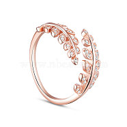 TINYSAND 925 Sterling Silver Cuff Rings, Open Rings, Leaf with Cubic Zirconia, Rose Gold, Size 6, 16mm(TS-R409-RG)