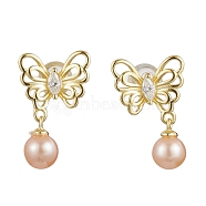 Natural Pearl Ear Studs, with Sterling Silver Micro Pave Cubic Zirconia Findings, Butterfly, Real 18K Gold Plated, 18x12mm(EJEW-P286-49G)