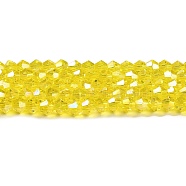 Transparent Electroplate Glass Beads Strands, AB Color Plated, Faceted, Bicone, Yellow, 4x4mm, Hole: 0.8mm, about 82~85pcs/strand, 12.01~12.2 inch(30.5~31cm)(EGLA-A039-T4mm-B21)