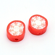 Handmade Polymer Clay Christmas Theme Beads, Flat Round with Snowflake Pattern, Red, 9~11x4~5mm, Hole: 1.4mm(CLAY-CJC0005-03A)