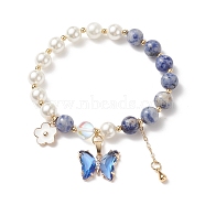 Round Natural Blue Spot Jasper & Shell Pearl Beaded Stretch Bracelet, Glass Butterfly & Brass Flower Charms Bracelet for Women, Inner Diameter: 2 inch(5.1cm)(BJEW-TA00191-01)