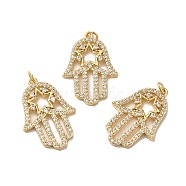 Rack Plating Brass Pave Cubic Zirconia Pendants, with Jump Ring, Lead Free & Cadmium Free, Real 18K Gold Plated, Long-Lasting Plated, Hamsa Hand with Star Charm, Clear, 28x19.5x3mm, Hole: 3.4mm(KK-O142-50G)