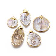 Natural Baroque Pearl Keshi Pearl Pendants, Cultured Freshwater Pearl, with Golden Plated Brass Findings, Nuggets, Golden, 37.5~66x31.5~50.5x5.5~7.5mm, Hole: 1.8mm(PEAR-F011-34G)
