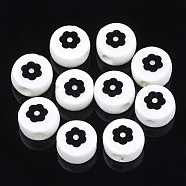 Handmade Porcelain Beads, Flat Round with Flower, Creamy White, 8~8.5x4.5mm, Hole: 2mm(PORC-Q260-03)
