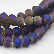 Full Rainbow Plated Faceted Rondelle Glass Beads Strands, Frosted, Indigo, 4x3mm, Hole: 1mm, about 146pcs/strand, 18.8 inch(EGLA-J054-4x3mm-FR02)