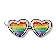 Double-Sided Printed Acrylic Big Pendants, with Iron Jump Ring and Glitter Powder, Heart Glasses with Rainbow Pattern, Old Lace, 51x21.5x2mm, Hole: 5.5mm(OACR-G030-05B)