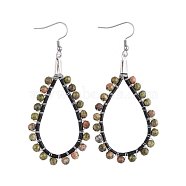 316 Surgical Stainless Steel Dangle Earrings, with Natural Unakite Bead, Cowhide Leather Cord and Jewelry Box, Teardrop, 77mm, Pin: 0.6mm(EJEW-JE04070-04)