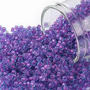 TOHO Round Seed Beads, Japanese Seed Beads, (252FM) Purple Lined Aqua Matte, 11/0, 2.2mm, Hole: 0.8mm, about 1110pcs/bottle, 10g/bottle(SEED-JPTR11-0252FM)