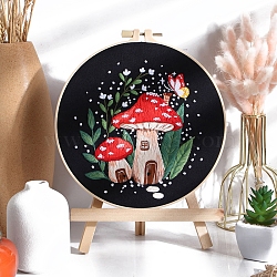 DIY Mushroom Pattern Embroidery Kits, Including Embroidery Cloth & Thread, Needle, Embroidery Hoop, Instruction Sheet, Red, 200mm(PW-WG12806-02)