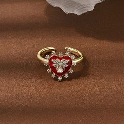 Brass Micro Pave Cubic Zirconia Cuff Open Rings for Women, Heart with Bees, with Enamel, Rack Plating, Cadmium Free & Lead Free, Long-Lasting Plated, Real 18K Gold Plated, 13.5x14mm, Inner Diameter: 18mm(RJEW-B160-09G)