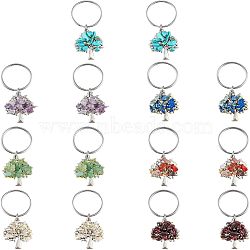 14Pcs 7 Style Chip Gemstone Keychain, with Antique Silver Plated Alloy Pendants and 316 Surgical Stainless Steel Split Key Rings, Tree, 55mm, 2pcs/style(KEYC-FH0001-17)