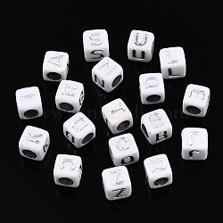 Plating Acrylic Beads, Silver Metal Enlaced, Mixed Letters, Cube, Letter A~Z, 5.5~6x5.5~6x5.5~6mm, Hole: 3.5mm, about 3000pcs/500g(SACR-S297-08)