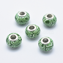 Handmade Polymer Clay European Beads, with Silver Color Plated Brass Cores, Large Hole Beads, Rondelle, Sea Green, 13~16x8~11mm, Hole: 4.5~5mm(CLAY-K002-C15)