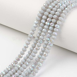 Electroplate Opaque Solid Color Glass Beads Strands, Half Rainbow Plated, Faceted, Rondelle, Light Grey, 8x6mm, Hole: 1mm, about 65~68pcs/strand, 15.7~16.1 inch(40~41cm)(EGLA-A034-P8mm-L16)