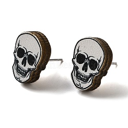 Wood Stud Earrings, with 316 Surgical Stainless Steel Pin, Halloween Theme, White, Skull, 16x12mm(EJEW-Z054-02N)