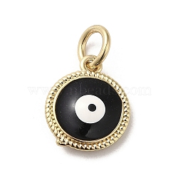 Brass Enamel Charms, with Jump Ring, Real 18K Gold Plated, Flat Round with Evil Eye Charm, Black, 13.5x11.5x3.7mm, Hole: 3.2mm(KK-E092-14G-01)