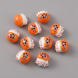 Handmade Porcelain Beads, Famille Rose Porcelain, Lucky Cat, Dark Orange, 14x12.5x11.5mm, Hole: 2mm(PORC-WH0016-02G)