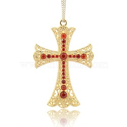 Golden Plated Alloy Cross Big Pendants, with Rhinestone, Light Siam, 72x49x5mm, Hole: 2mm(ALRI-J026-21G)