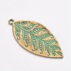 Tibetan Style Alloy Pendants, Leaf, Antique Bronze & Green Patina, 60x28x1mm, Hole: 3mm(X-PALLOY-F187-26ABG)