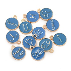 Alloy Enamel Pendants, Golden, Flat Round with 12 Constellation Charm, Steel Blue, 15x12.5x2mm, Hole: 1.8mm(ENAM-XCP0001-45A-01)