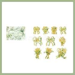 20Pcs 10 Styles Gold Stamping PET Self Adhesive Bowknot Decorative Stickers, Waterproof Floral Decals, for DIY Scrapbooking, Light Green, Packing: 130x95mm, 2pcs/style(PW-WG73098-05)