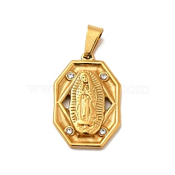 Vacuum Plating 304 Stainless Steel Pendants, with Rhinestone, Octagon with Virgin Mary, Golden, 25x16.5x3mm, Hole: 7mm(STAS-H173-04G)