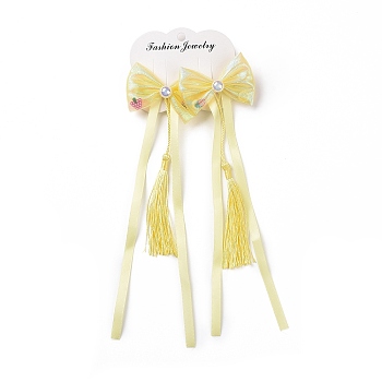 Bowknot Long Ribbon Alligator Hair Clip, with Random Color Tassels, Hanfu Hair Accessories for Teens Girls Gifts, Yellow, 213~220x57~60x15~16mm, 2pcs/card