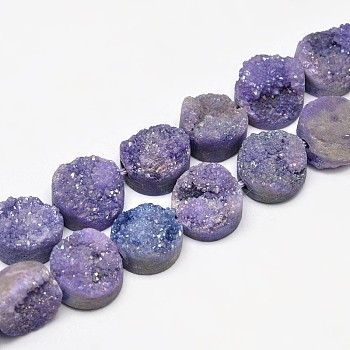 Flat Round Electroplated Natural Druzy Quartz Crystal Beads Strands, AB Color, Dyed, Medium Purple, 10.5x6~8mm, Hole: 1mm, about 20pcs/strand, 8 inch