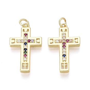 Religion Brass Micro Pave Cubic Zirconia Pendants, Cross Charms, Real 16K Gold Plated, 26x15.5x3mm, Hole: 3mm, Jump Ring: 5x0.8mm, 3mm inner diameter