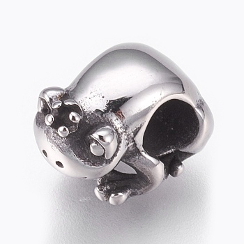 316 Surgical Stainless Steel European Beads, Large Hole Beads, Frog, Antique Silver, 12x9x9mm, Hole: 4mm