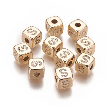 Brass Micro Pave Cubic Zirconia Beads, Horizontal Hole, Real 18K Gold Plated, Long-Lasting Plated, Cube with Letter, Clear, Letter.S, 9x9x9mm, Hole: 3.5mm