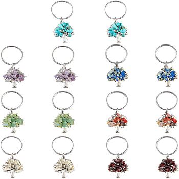 14Pcs 7 Style Chip Gemstone Keychain, with Antique Silver Plated Alloy Pendants and 316 Surgical Stainless Steel Split Key Rings, Tree, 55mm, 2pcs/style