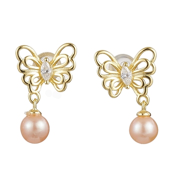 Natural Pearl Ear Studs, with Sterling Silver Micro Pave Cubic Zirconia Findings, Butterfly, Real 18K Gold Plated, 18x12mm