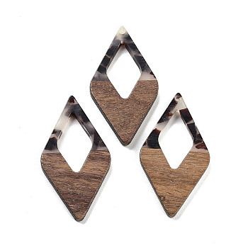 Walnut Wood with Resin Pendants, Rhombus, Coconut Brown, 47.5x25.5x3.5mm, Hole: 2mm