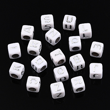Plating Acrylic Beads, Silver Metal Enlaced, Mixed Letters, Cube, Letter A~Z, 5.5~6x5.5~6x5.5~6mm, Hole: 3.5mm, about 3000pcs/500g