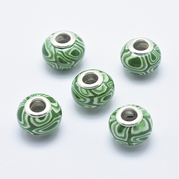 Handmade Polymer Clay European Beads, with Silver Color Plated Brass Cores, Large Hole Beads, Rondelle, Sea Green, 13~16x8~11mm, Hole: 4.5~5mm